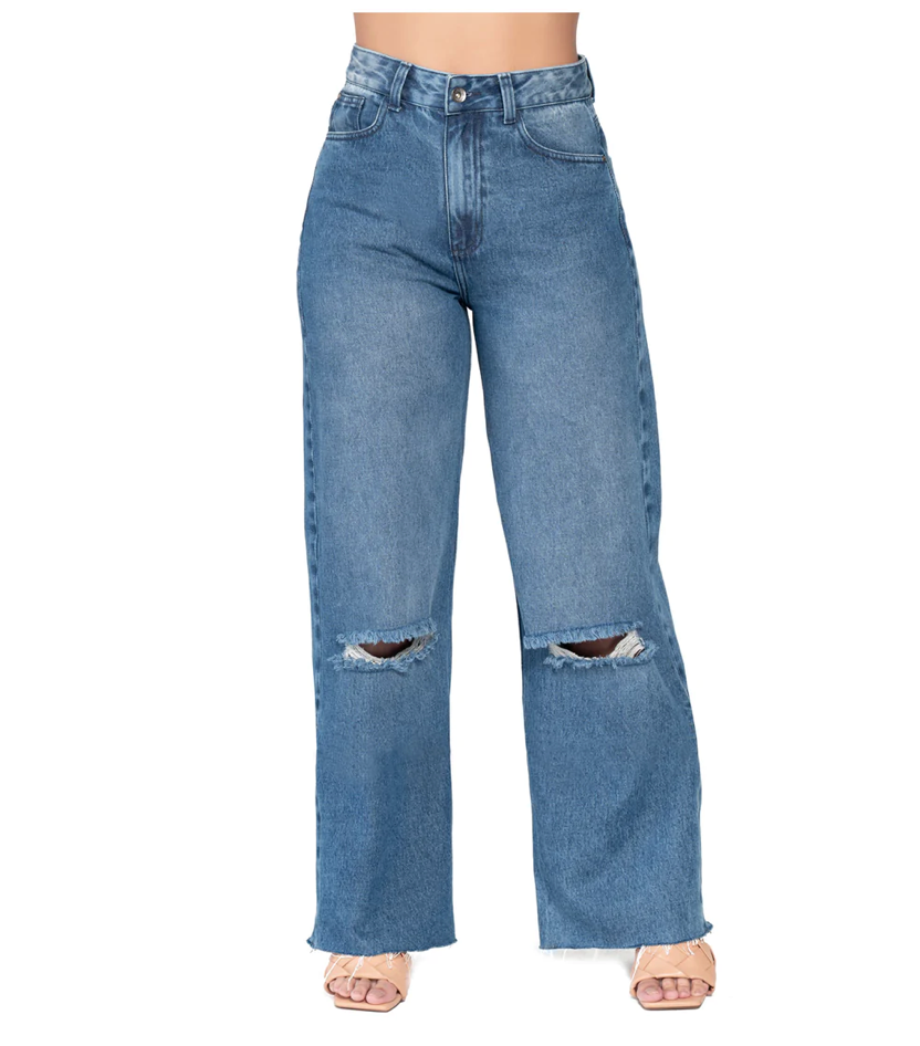 High Rise Wide Leg Distressed Denim Jeans Full Length 21395