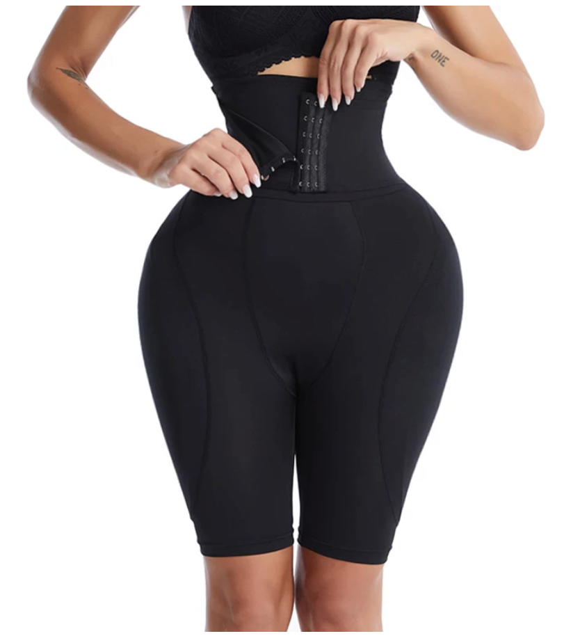 Waist trainer with hip and butt pads attached